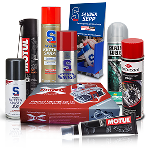Chain sprays, cleaners and care kits for cleaning and lubricating motorcycle chains.